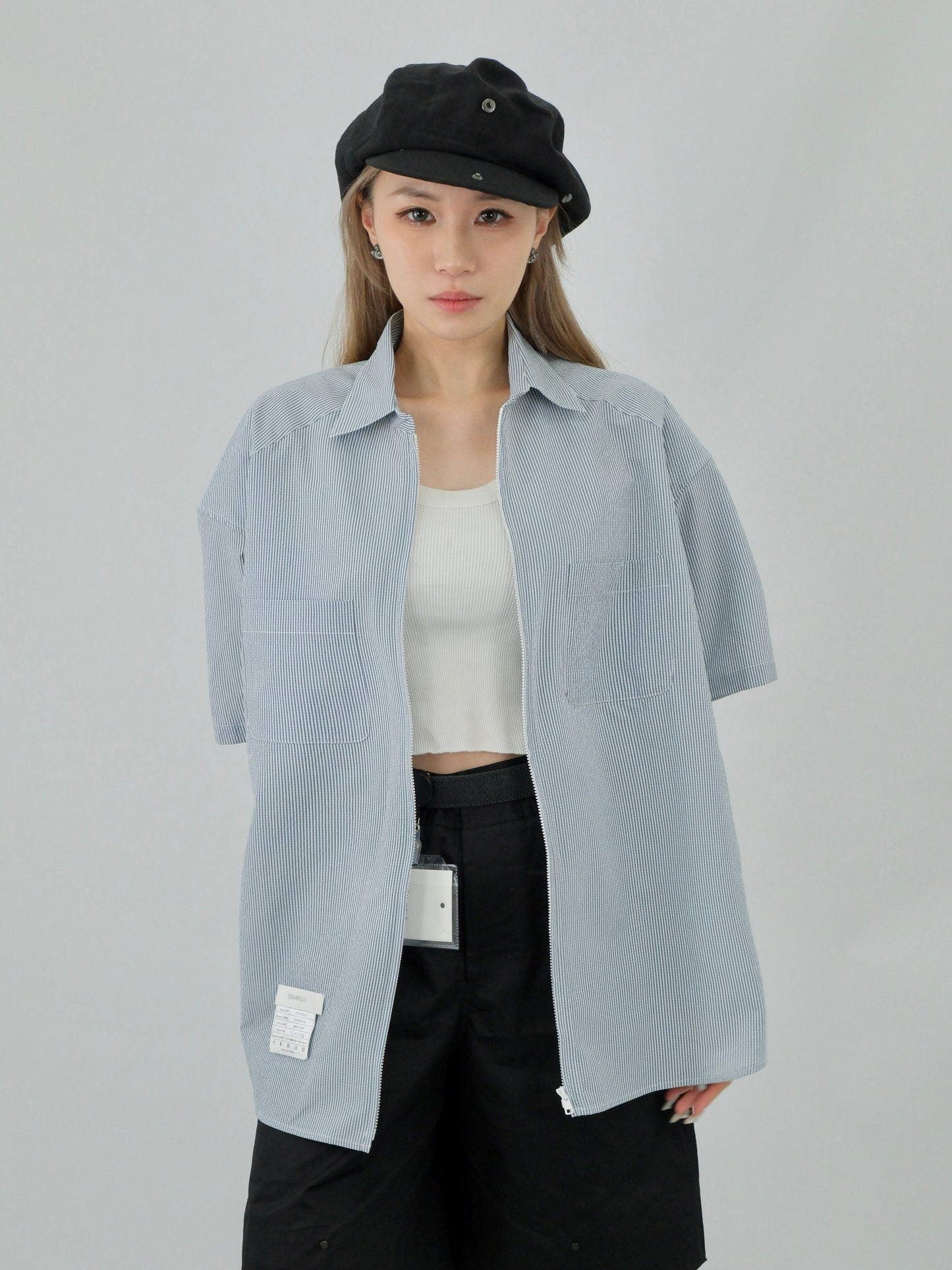 devequi FL.02 Vertical pattern foam gauze short sleeved zipper shirt